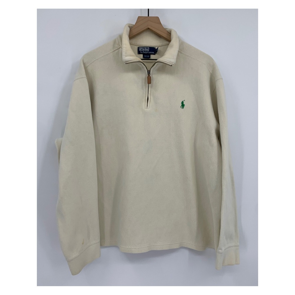Polo Ralph Lauren Sweater Mens XXL Cream Green Pony Logo Ribbed Knit 1/4 Zip